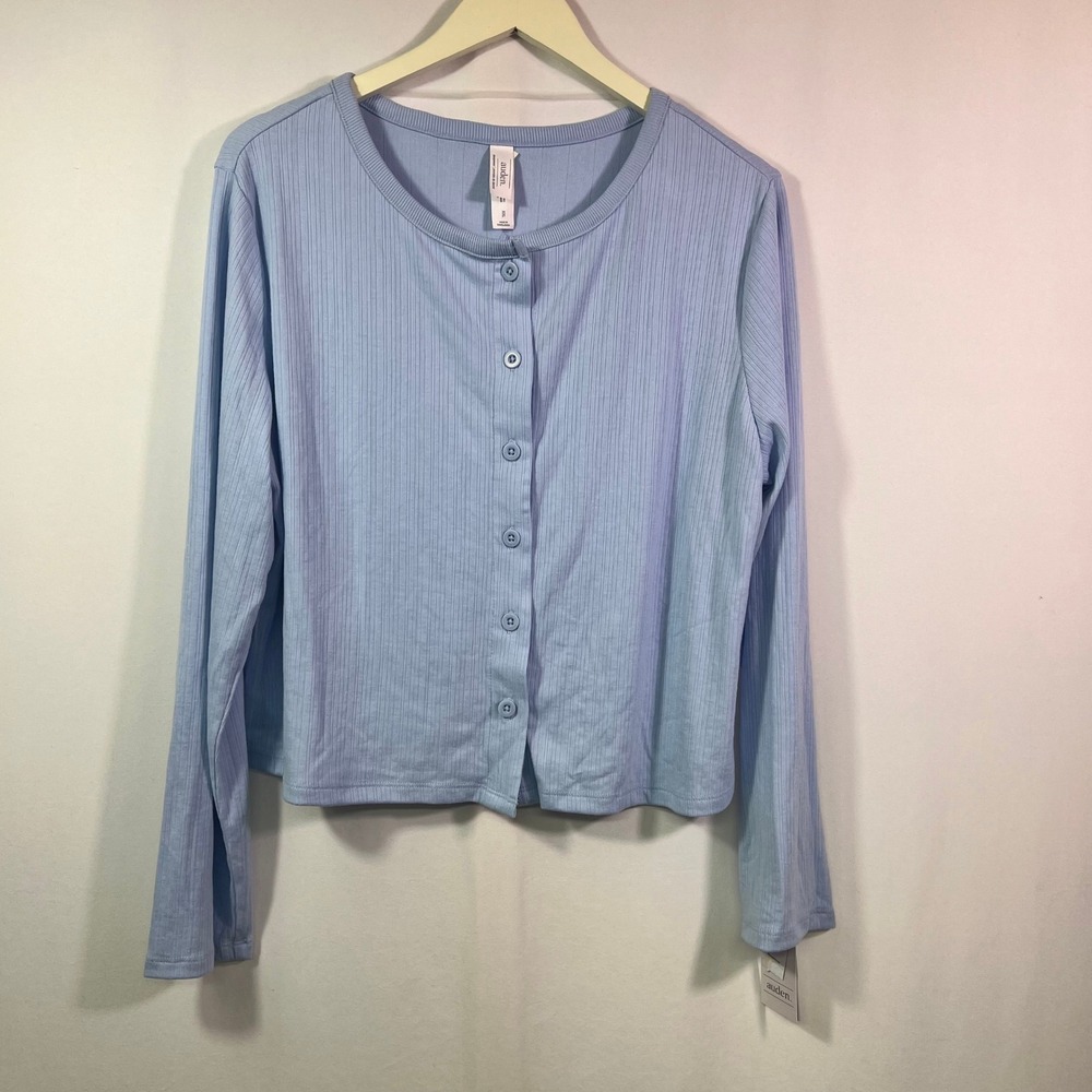 Auden Womens Light Blue Ribbed Button Front Cropped Cardigan Sleep Top XXL NWT